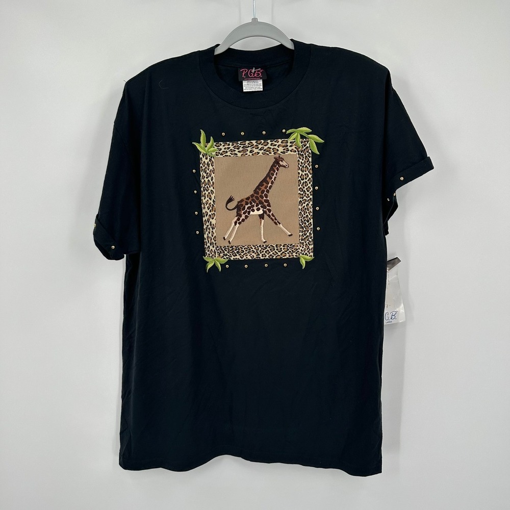 Womens Vintage Whimsical Giraffe Leopard Print Studded Graphic Tee Black Size L